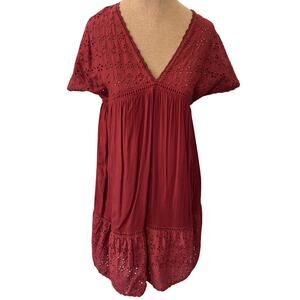 SUNDANCE boho rust burgundy eyelet embroidered dress Summer casual party PXS